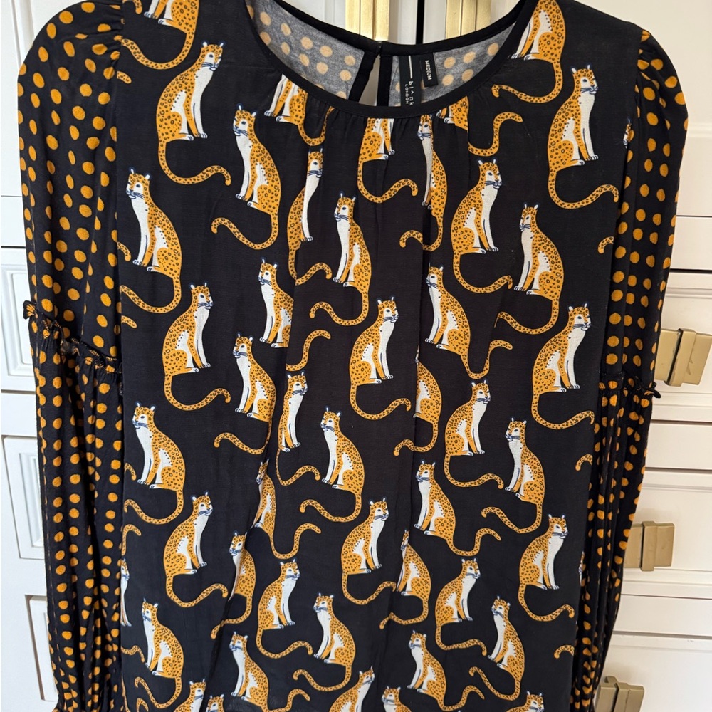 Bl^nk London Anthropologie Brienz Top Leopard/Dot Print Blouse Medium Black - Picture 2 of 4